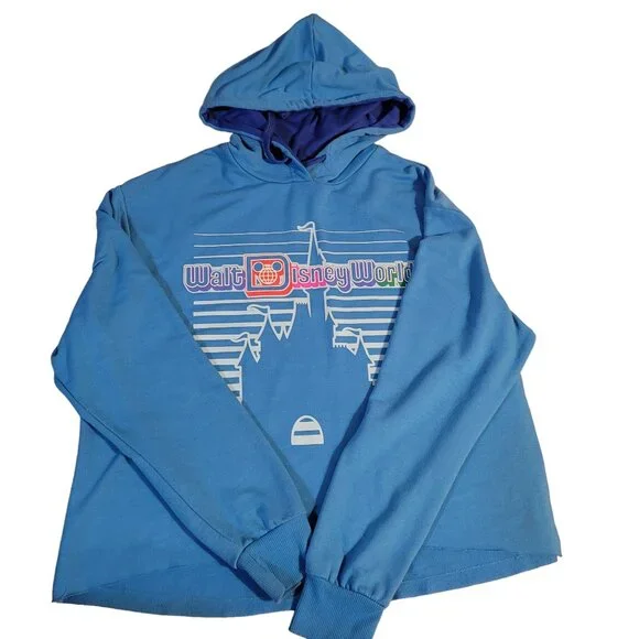 Disney Parks Women’s Medium Blue Retro Print Castle Cropped Hoodie Lightweight - Picture 5 of 7